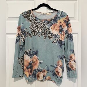 Lime & Chili Blue Floral and Leopard Long Sleeve Top